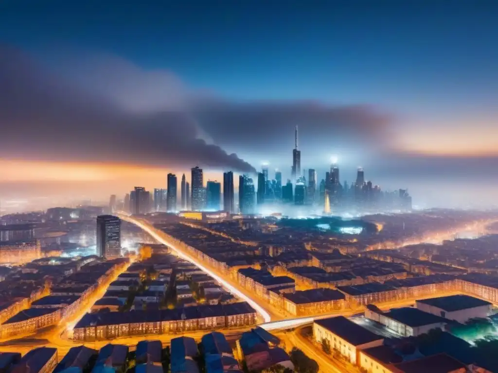 Vista nocturna de la ciudad iluminada con contrastes entre la contaminación lumínica y la oscuridad