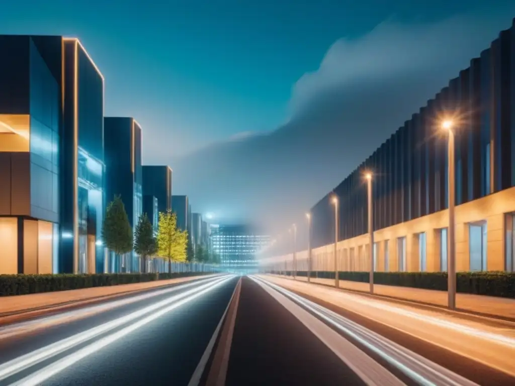 Vista nocturna de ciudad moderna con iluminación urbana sostenible proyectos, resaltando detalles arquitectónicos