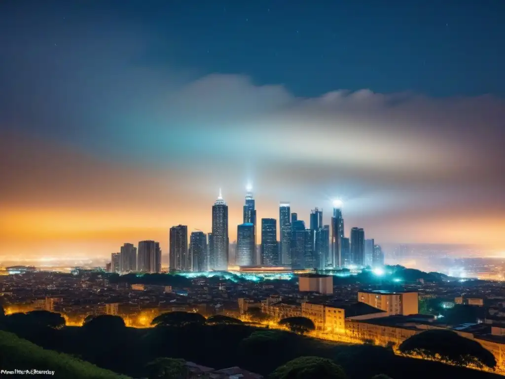 Vista nocturna de ciudad moderna con iluminación eficiente, reduciendo la huella de carbono en ciudades