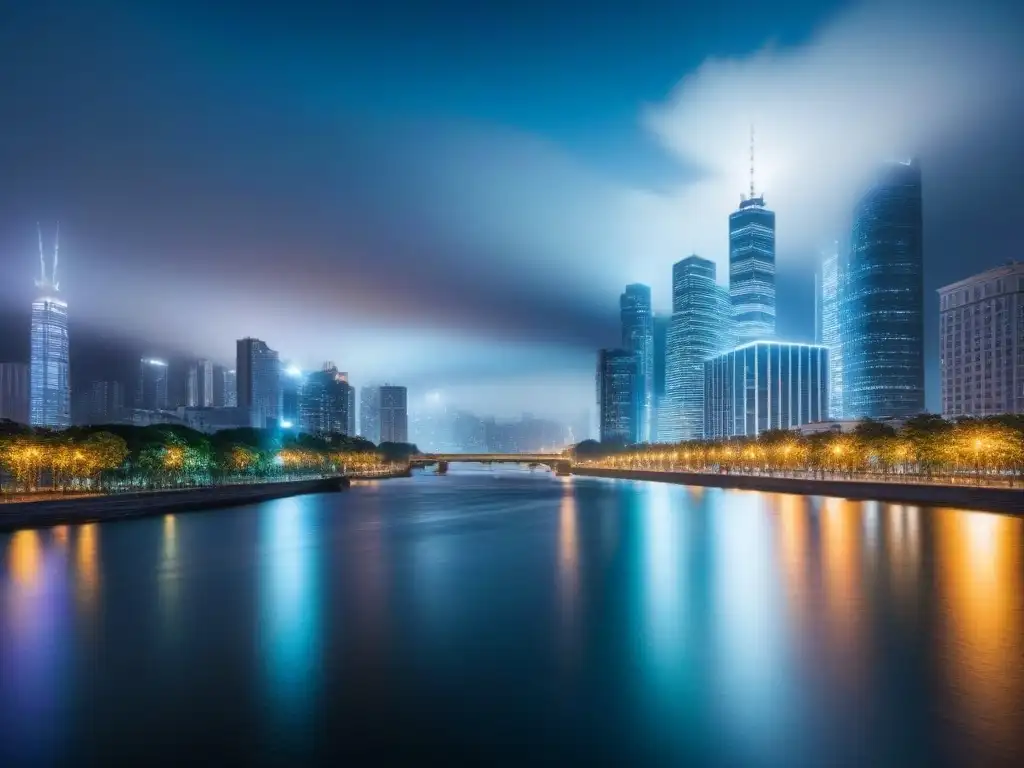 Vista nocturna de la ciudad con rascacielos iluminados reflejándose en el río, simbolizando Estrategias Zero Waste Desarrollo Sostenible