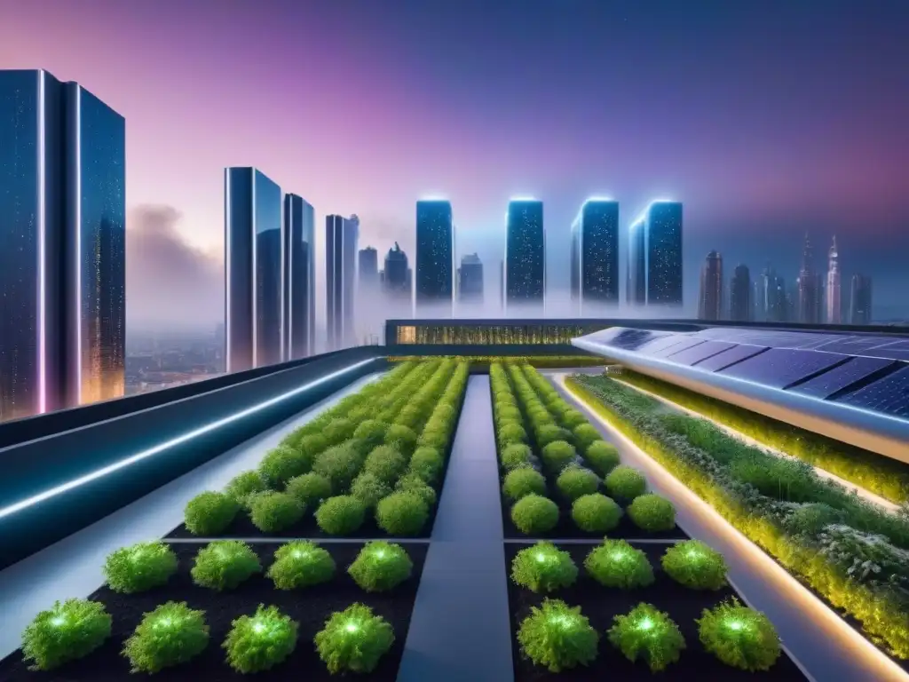 Vista nocturna de ciudad futurista sostenible con integración tecnológica y naturaleza en armonía