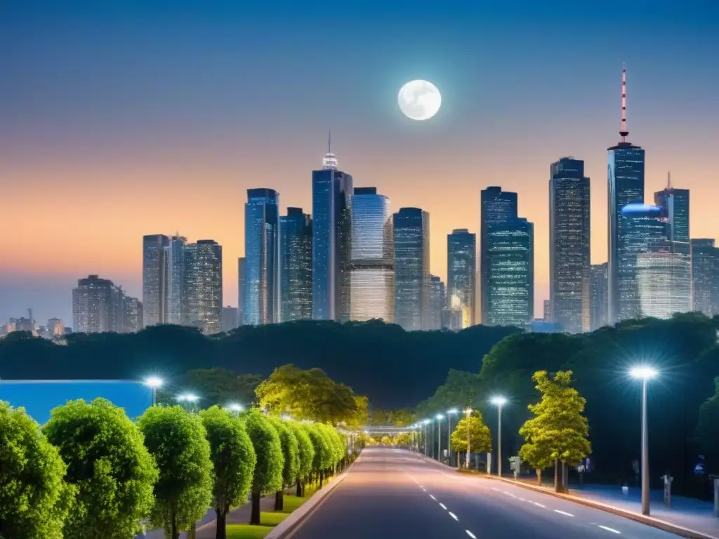 Vista nocturna de la ciudad con iluminación urbana sostenible proyectos, calles arboladas y luz cálida de LED