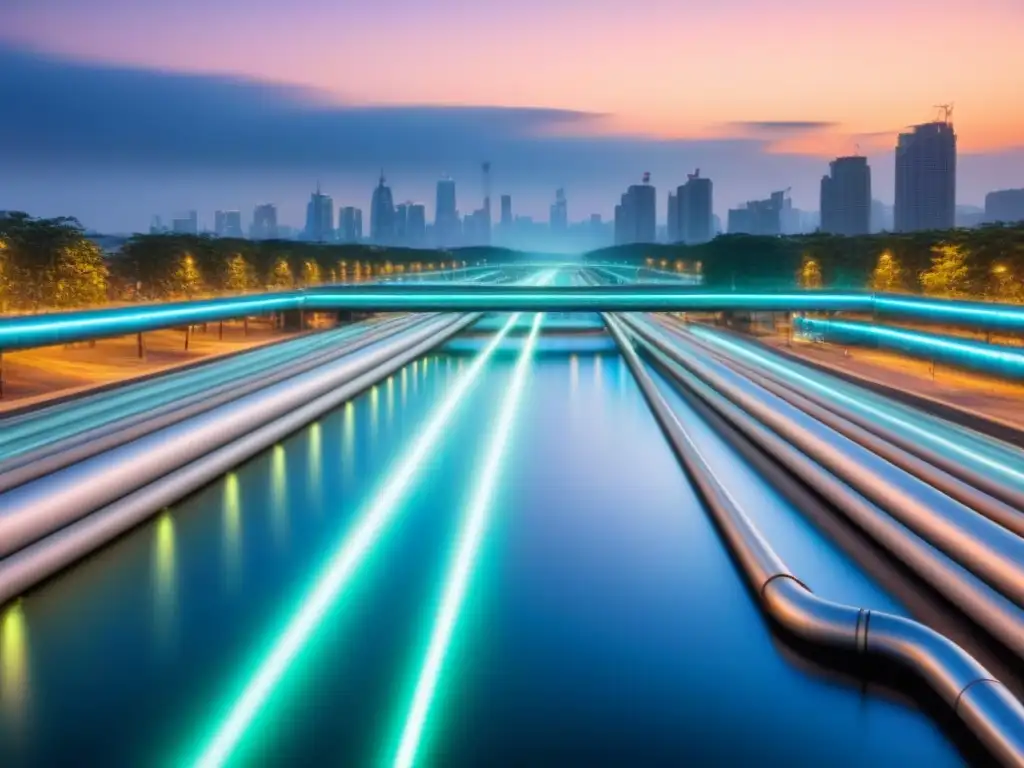 Vista nocturna de una ciudad urbana moderna con red de tuberías de agua iluminadas