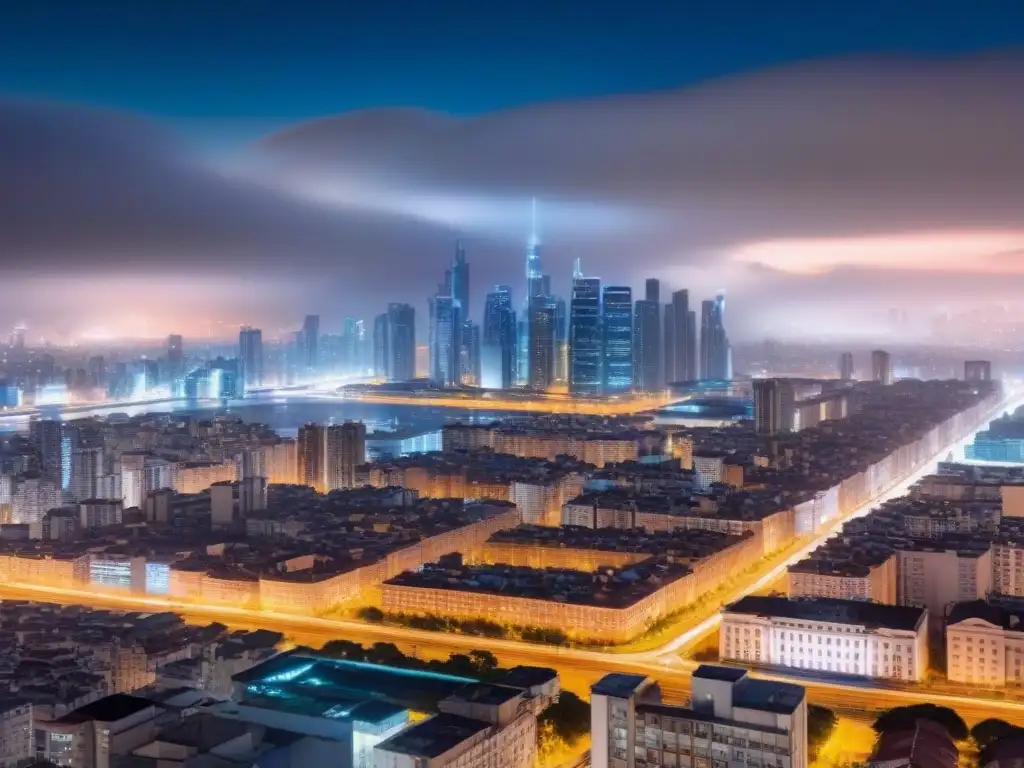 Vista nocturna futurista de una ciudad con rascacielos iluminados y luces brillantes, mostrando políticas de residuos sostenibles