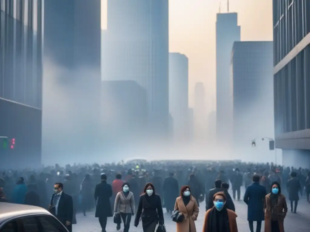 Vista panorámica de ciudad envuelta en smog, rascacielos parcialmente ocultos, personas con mascarillas