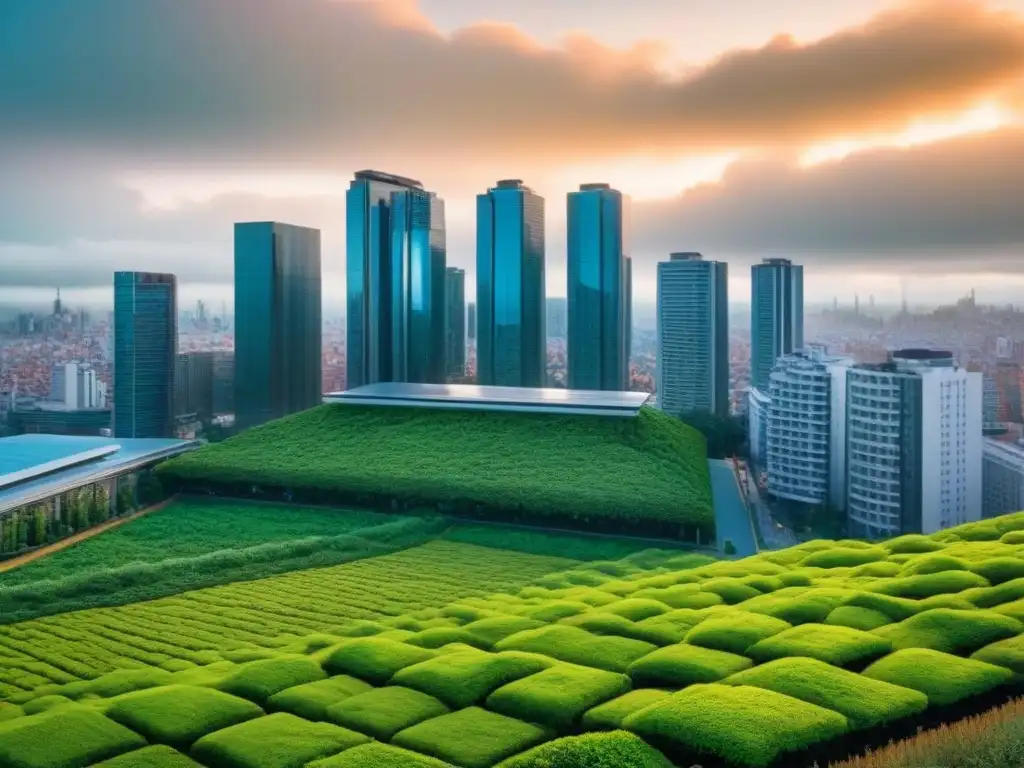 Vista panorámica de una ciudad moderna con techos verdes, fusionando infraestructura urbana y naturaleza