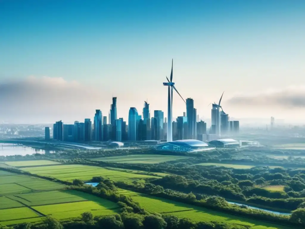 Vista panorámica de una ciudad moderna con infraestructura sostenible: parques verdes, energías renovables y transporte público eficiente