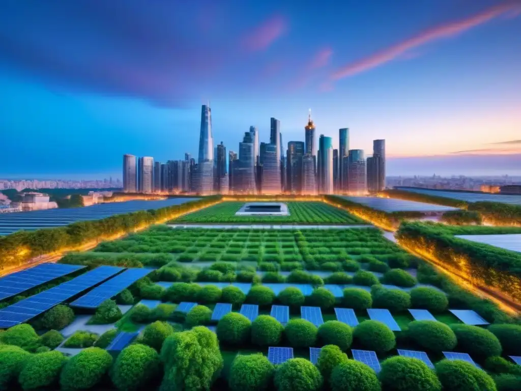 Vista panorámica de ciudad moderna al anochecer con edificios ecoeficientes y vegetación, simbolizando la economía circular estilo vida sostenible