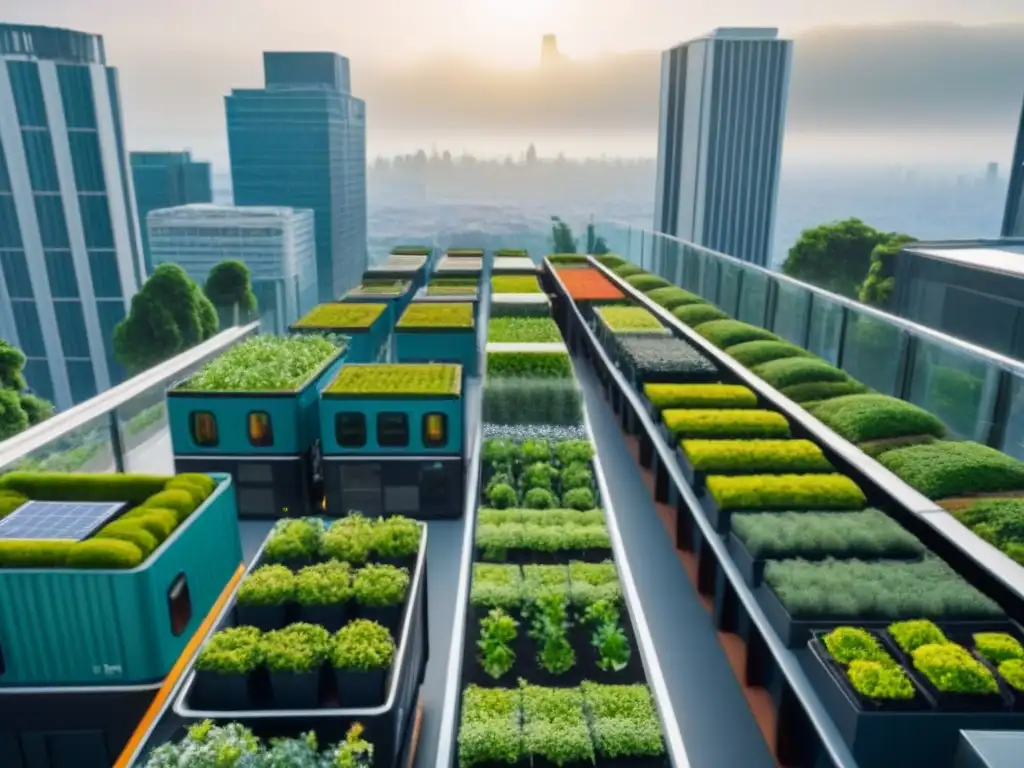 Vista panorámica de ciudad sostenible con jardines verticales y paneles solares