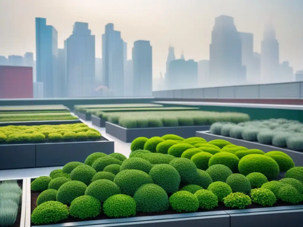 Vista panorámica de una ciudad con techos verdes vibrantes, destacando los beneficios de los techos verdes en las ciudades