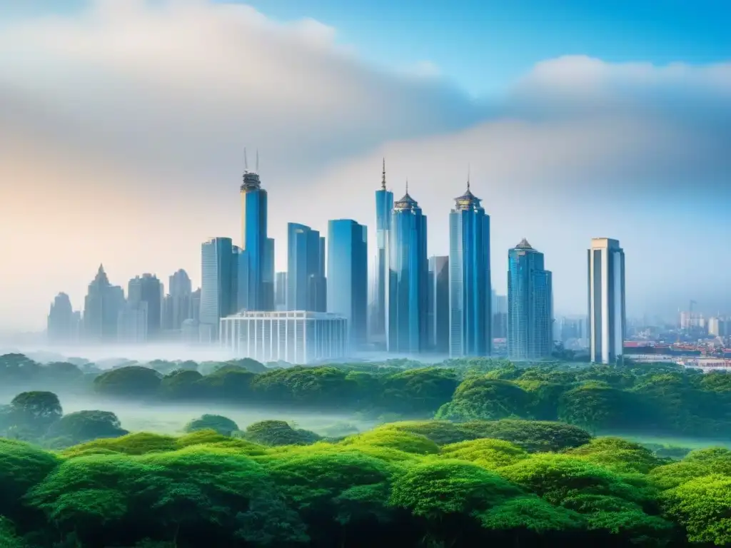 Vista panorámica de una ciudad vibrante con cielos azules y vegetación exuberante, destacando estrategias de reducción de contaminación del aire