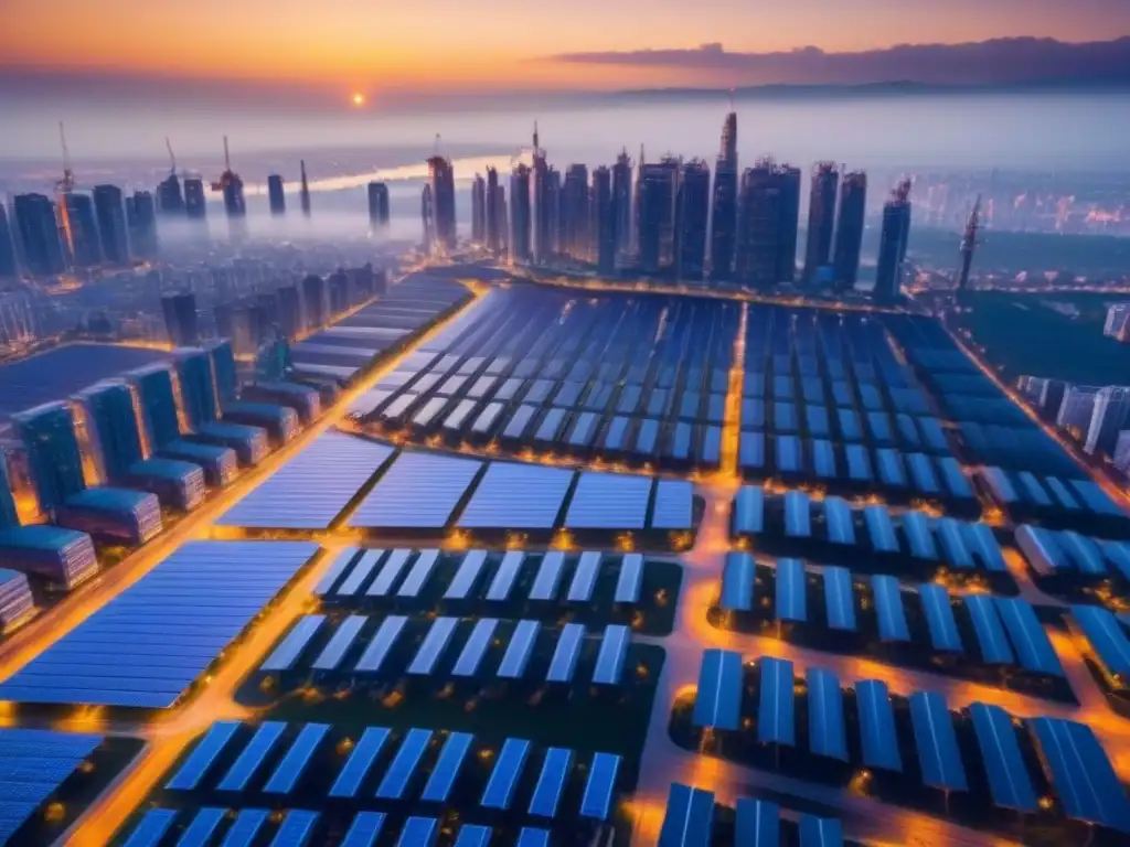 Vista panorámica futurista de una ciudad con edificios tecnología energía renovable al atardecer