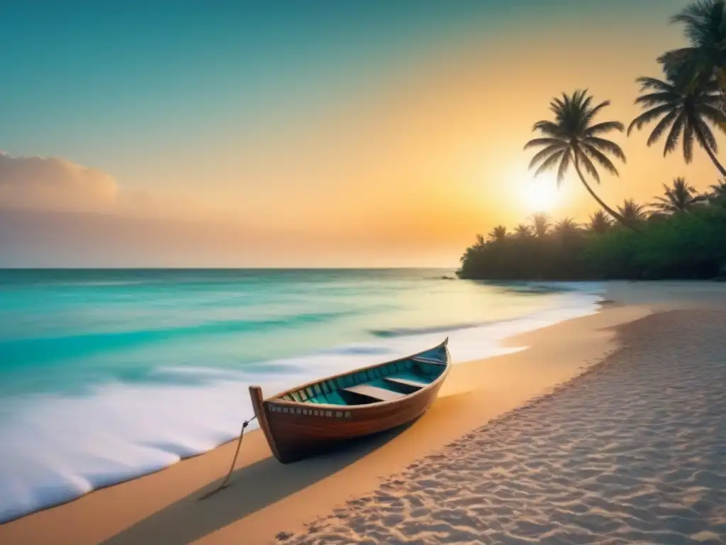 Vista relajante de una playa al atardecer con aguas turquesas, un bote de madera y protección solar ecológica sostenible