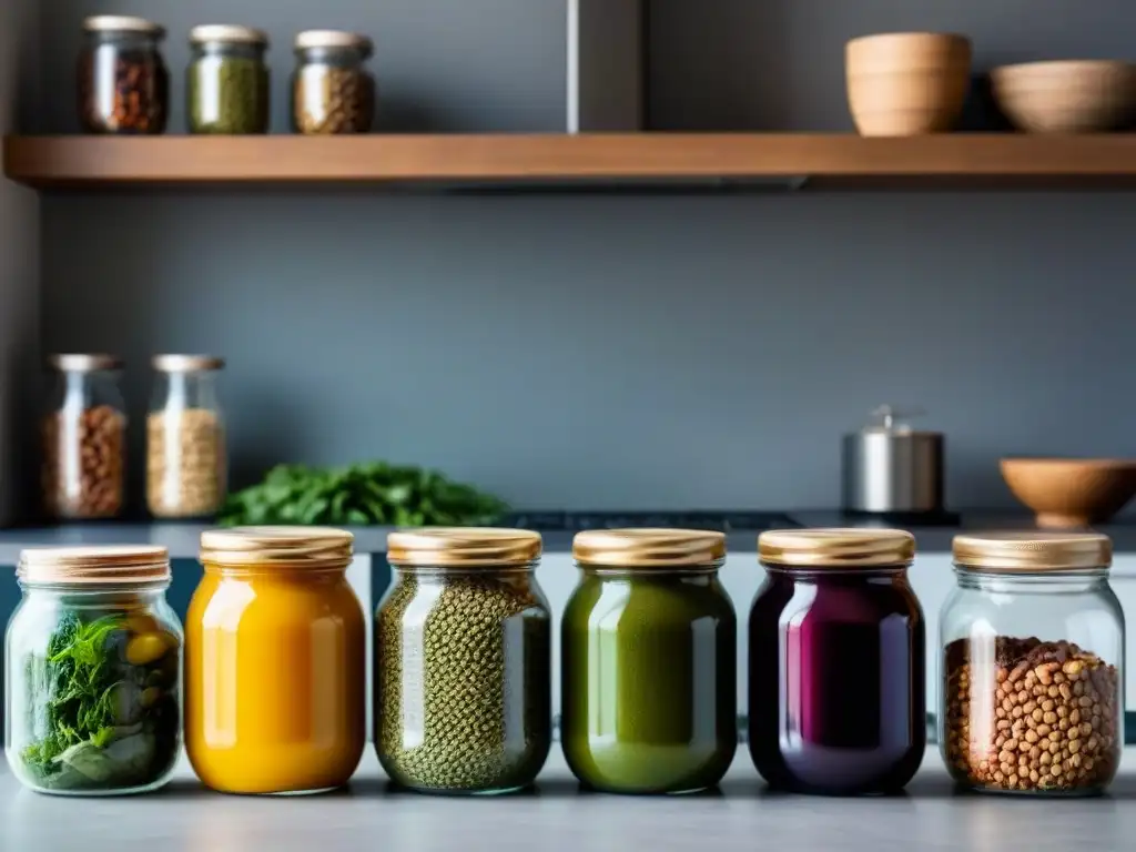 Vista serena de una cocina moderna con ingredientes orgánicos coloridos en frascos de vidrio