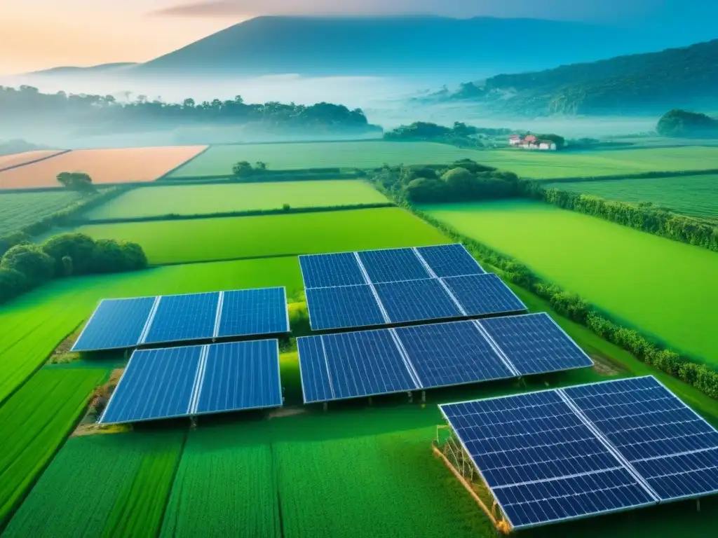 Vista serena de comunidad rural con paneles solares integrados en tejados