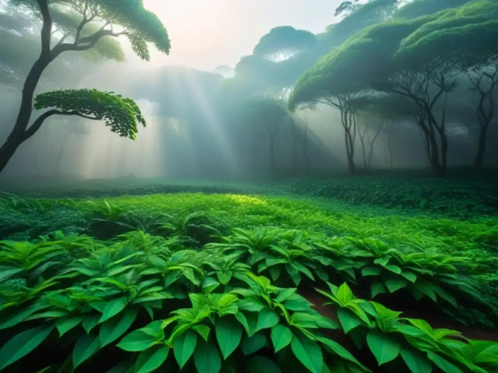 Vista serena de un dosel de selva exuberante con luz solar filtrándose, evocando armonía y conexión con la naturaleza