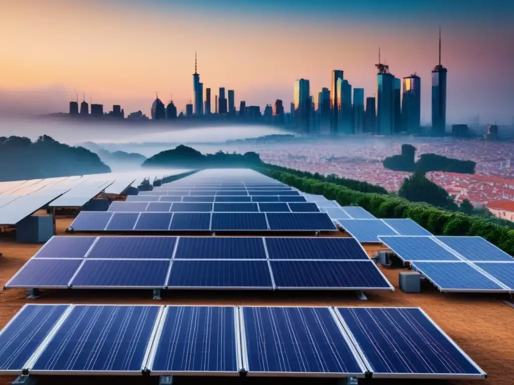 Vista serena de un horizonte urbano moderno con paneles solares, destacando soluciones sostenibles para crisis ambiental