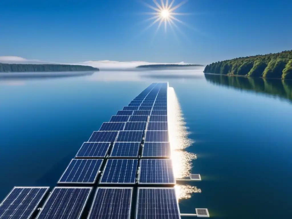 Una vista serena de un lago con paneles solares flotantes sostenibles, reflejando el cielo azul