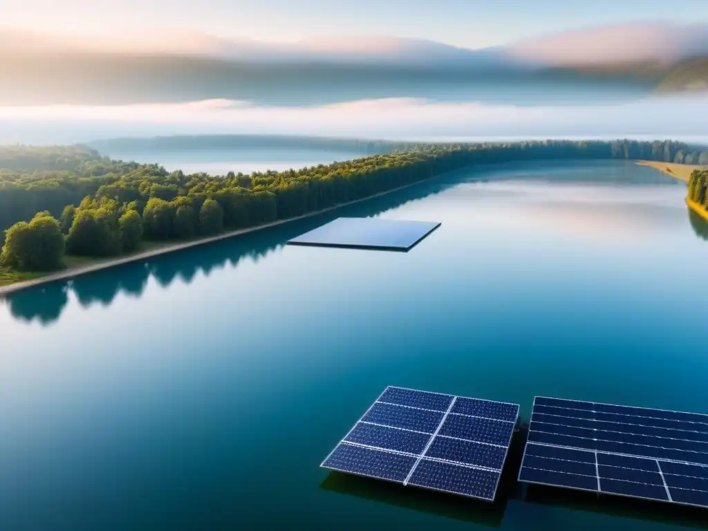 Vista serena de un lago con paneles solares flotantes sostenibles integrados, armonía tecnología-naturaleza