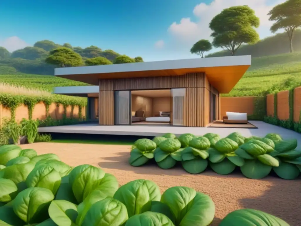 Vista serena de casa ecológica moderna rodeada de naturaleza, con materiales naturales, solar y huerto