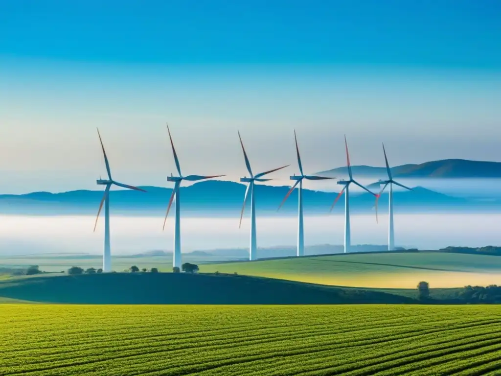 Una vista serena de turbinas eólicas modernas en el campo, reduciendo la huella de carbono