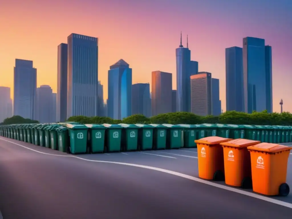 Vista urbana al atardecer con edificios altos reflejando tonos cálidos, gente con bolsas reutilizables y contenedores de reciclaje