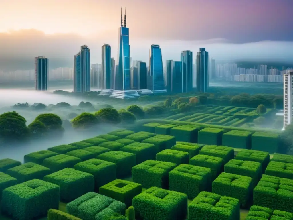 Metrópolis sostenible: integración perfecta de naturaleza y arquitectura Vista urbana: Edificios sostenibles con biodiversidad urbana en armonía con la naturaleza