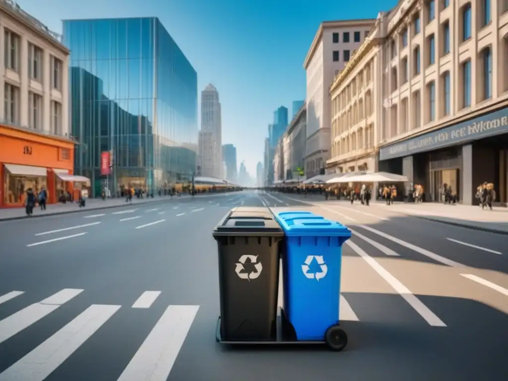 Escena urbana sostenible: ciudad sin residuos Vista urbana con iniciativas Zero Waste: reciclaje, compostaje y peatones con bolsas reutilizables
