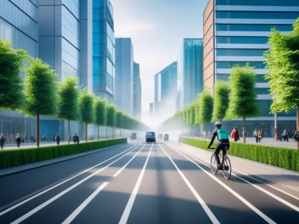 Vista urbana moderna con redes de ciclovías y transporte público sostenible, fusionando naturaleza y arquitectura