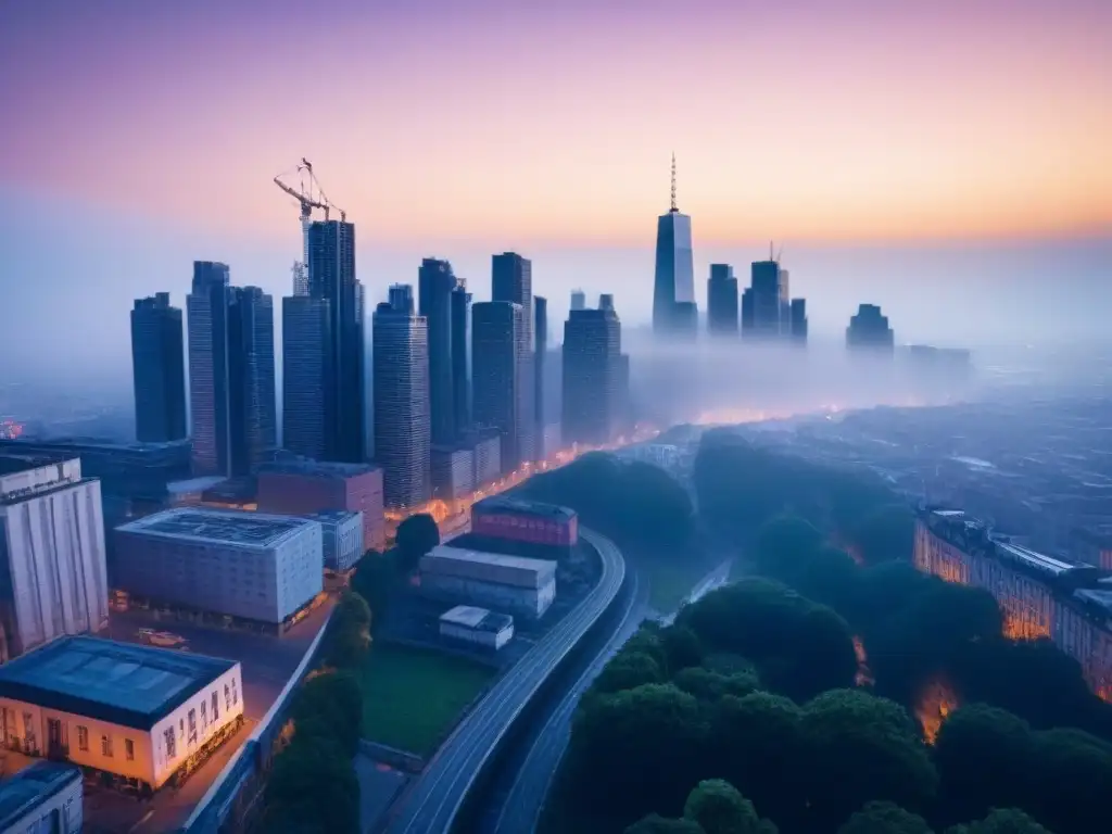 Vista urbana serena al atardecer, con edificios minimalistas en contraluz bajo un cielo pastel