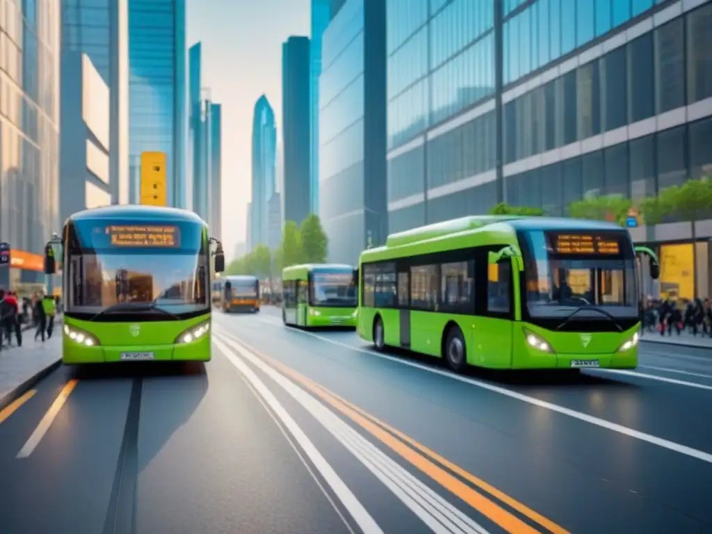 Vista urbana sostenible con autobuses eléctricos, ciclistas y peatones