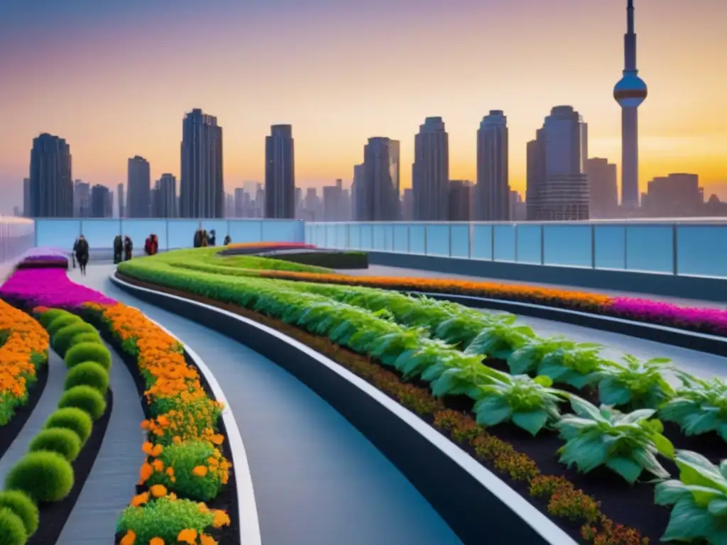 Vista urbana sostenible con rascacielos modernos, jardines en azoteas y paneles solares, reflejando proyectos urbanos sostenibles cambio climático