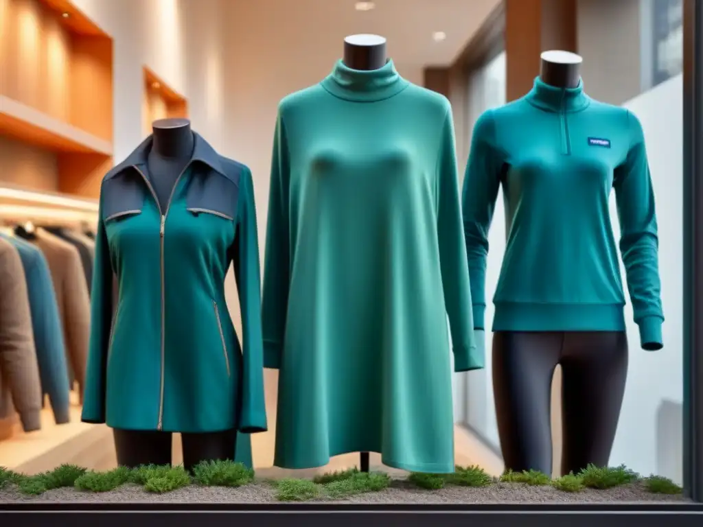 Vitrina de tienda en Patagonia con maniquíes vestidos de moda sostenible hecha con materiales reciclados