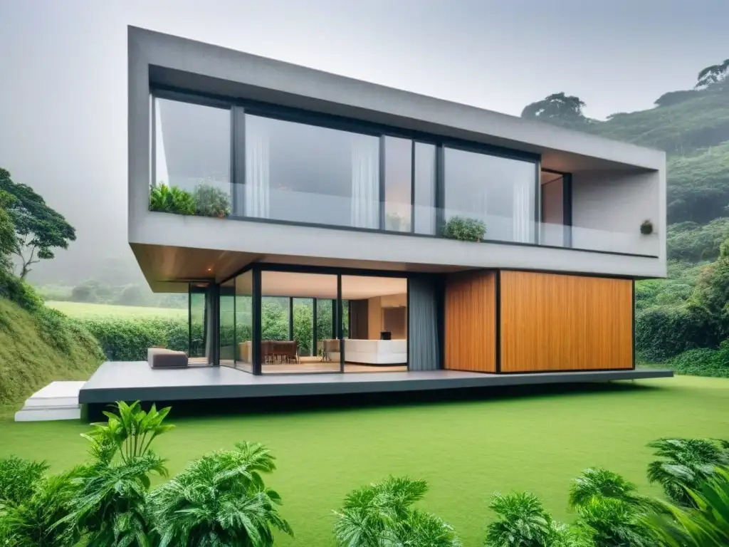 Vivienda ecoamigable integrada en paisaje verde, con paneles solares y sistema de recolección de agua