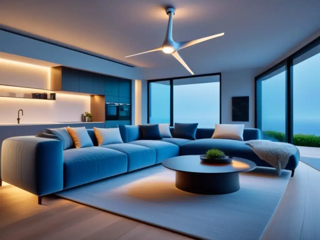 Vivienda moderna con turbinas eólicas en decoración sostenible, fusionando estilo y sostenibilidad en armonía con el cielo azul