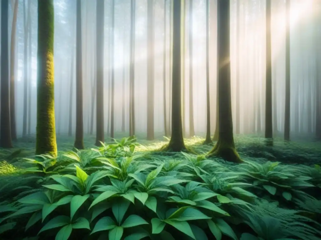 Voluntariado ambiental sostenible apps: Bosque verde con luz filtrada entre las hojas, sombras y tranquilidad