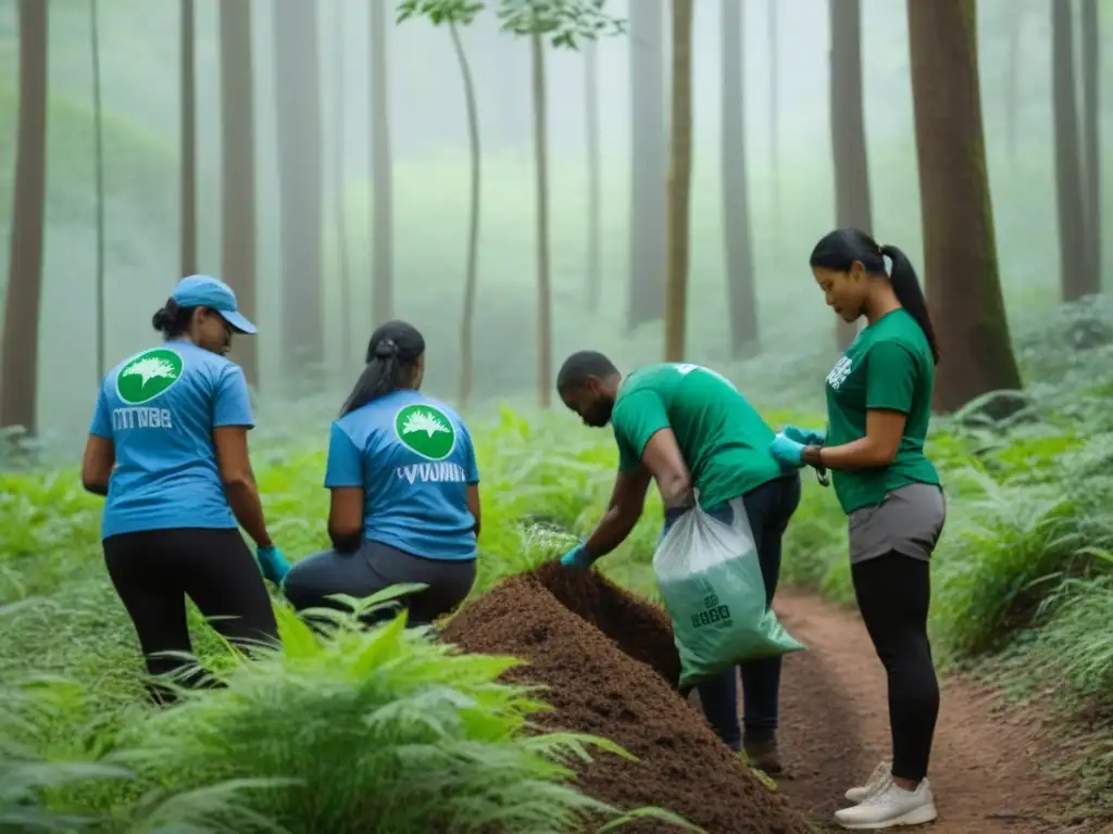 Voluntariado ambiental sostenible y educativo: grupo diverso limpia basura y planta árboles en bosque verde