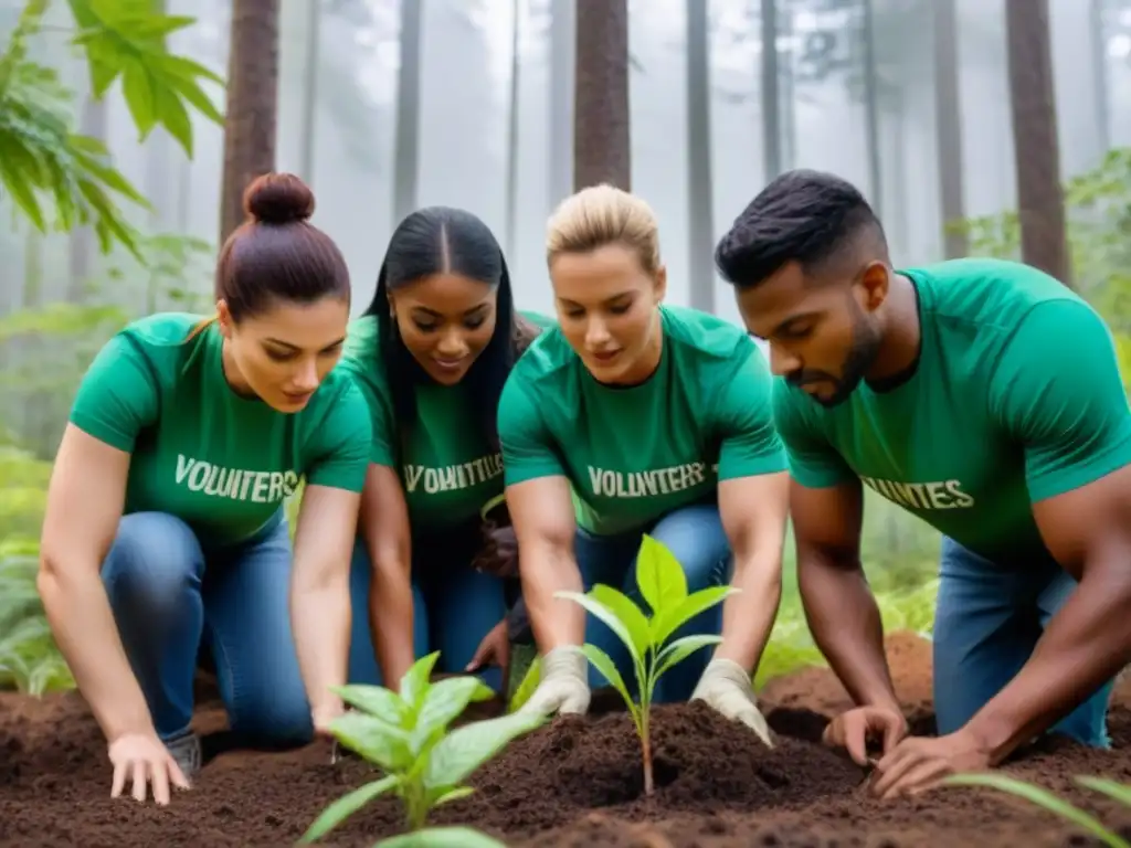 Voluntariado ambiental educación sostenible: Grupo diverso plantando árboles en un bosque, unidos en equipo y armonía