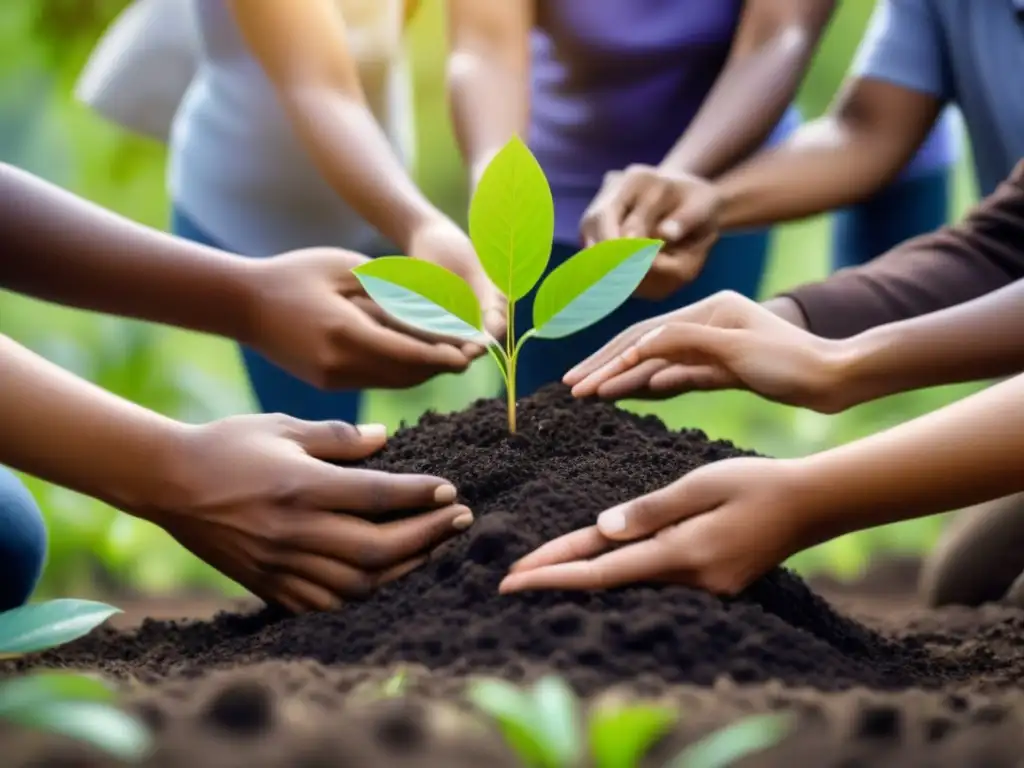 Voluntariado ambiental educación sostenible: Diversos voluntarios plantando árboles en un bosque verde, creando armonía y educación ambiental