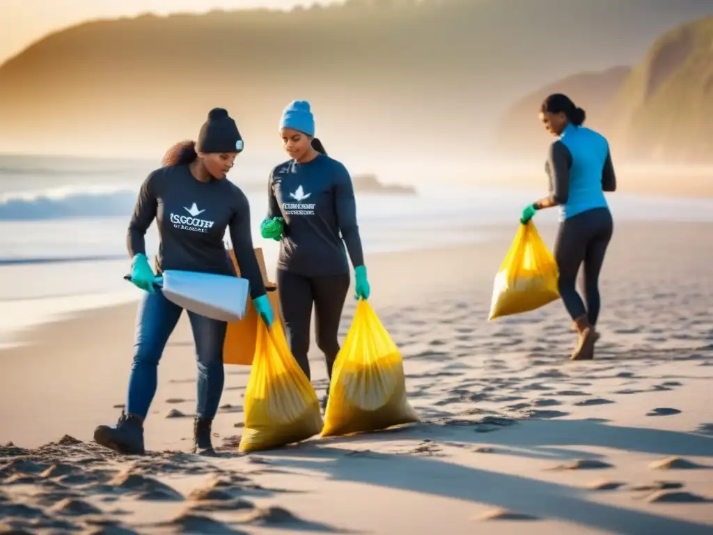 Voluntariado comprometido limpia playa al amanecer, unidos por el residuo cero