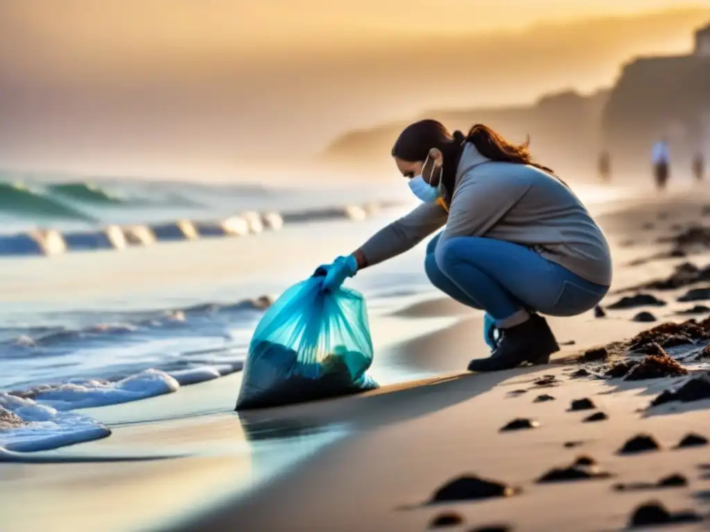 Voluntariado comprometido recogiendo residuos en la playa al amanecer, promoviendo un estilo de vida de residuos cero