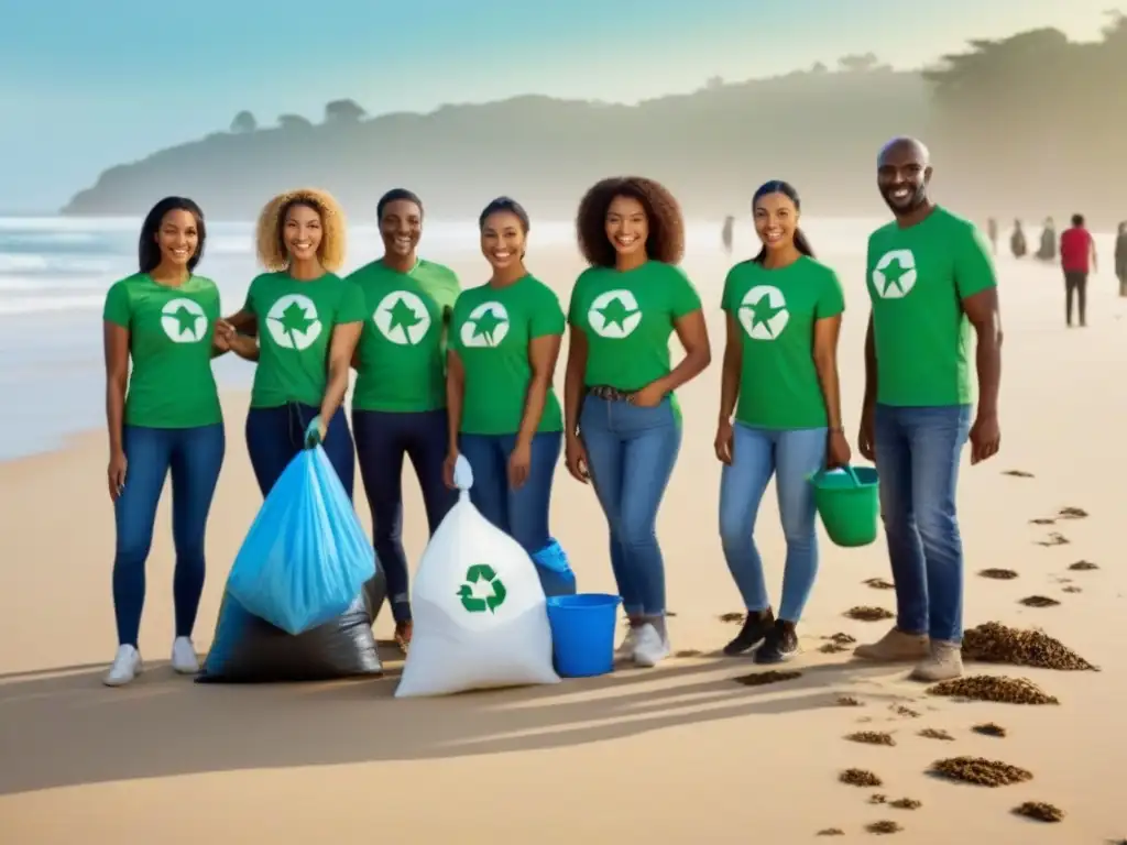 Voluntariado diverso en playa limpia al amanecer, unidos por el reciclaje y vida sostenible