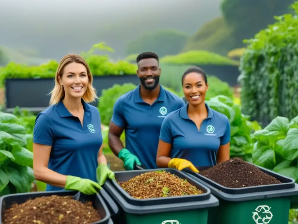 Voluntariado para un estilo zero waste: Diversos voluntarios trabajan juntos en un huerto comunitario, clasificando materiales con determinación