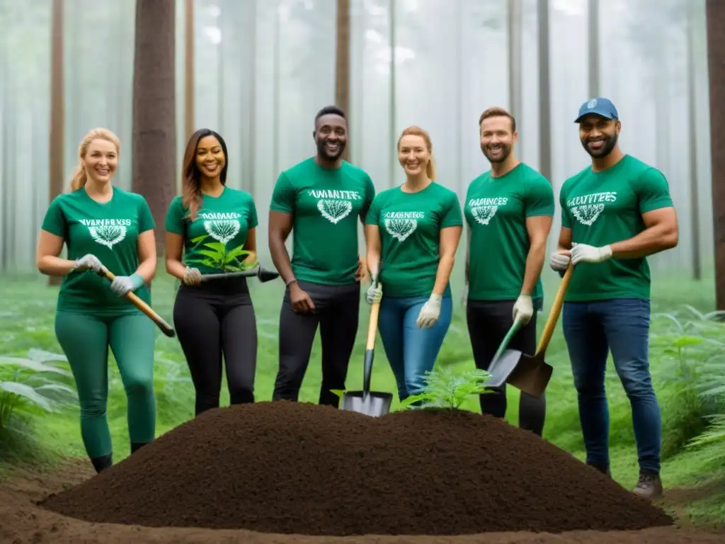 Voluntariado en acción: grupo diverso plantando árboles en un bosque verde, creando un ambiente sereno y sostenible