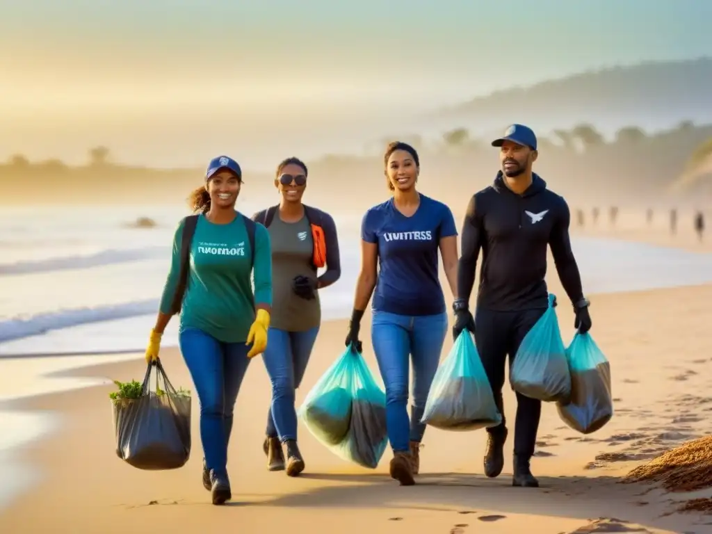 Voluntariado limpieza playas ríos: Grupo diverso de voluntarios caminando por la playa al amanecer, unidos y determinados