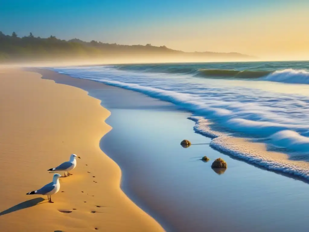 Voluntariado limpieza playas ríos: Amanecer sereno en la playa, con luz dorada iluminando aguas tranquilas y arena limpia