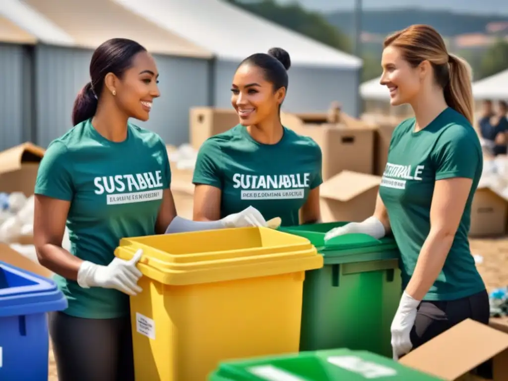 Voluntariado en reciclaje sostenible: Grupo diverso clasifica materiales reciclables bajo el sol, promoviendo conciencia ambiental