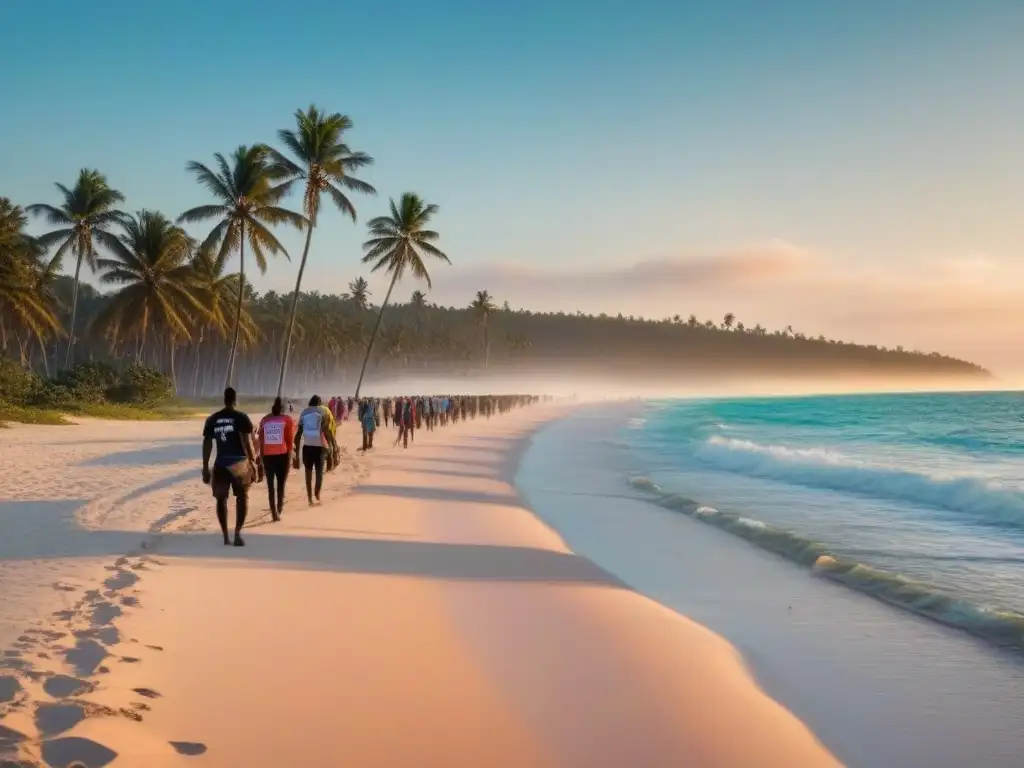 Voluntariado sostenible zero waste: Playa paradisíaca con voluntarios recogiendo plástico al atardecer