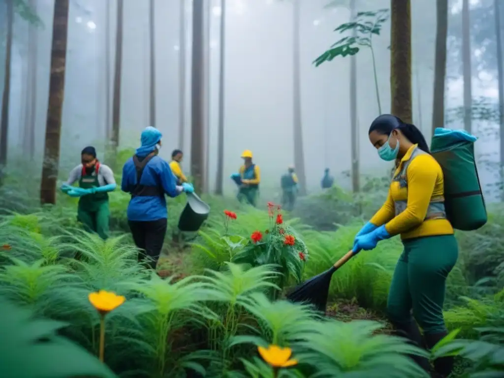 Voluntariado sostenible zero waste en acción: voluntarios diversos trabajando juntos para proteger la biodiversidad en un bosque exuberante