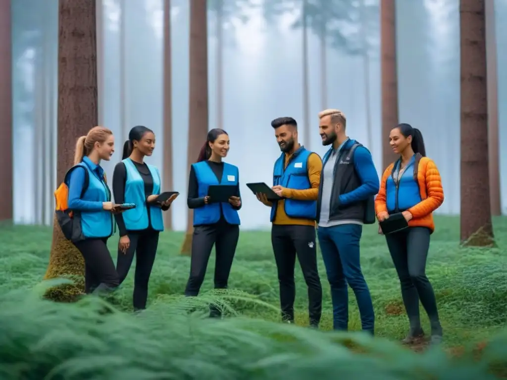 Voluntarios ambientales recopilando Big Data en un bosque verde, empoderados y unidos en equipo